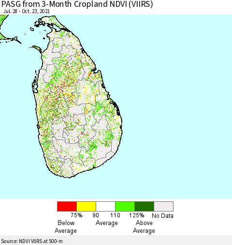 Sri Lanka PASG from 3-Month Cropland NDVI (VIIRS) Thematic Map For 10/16/2021 - 10/23/2021