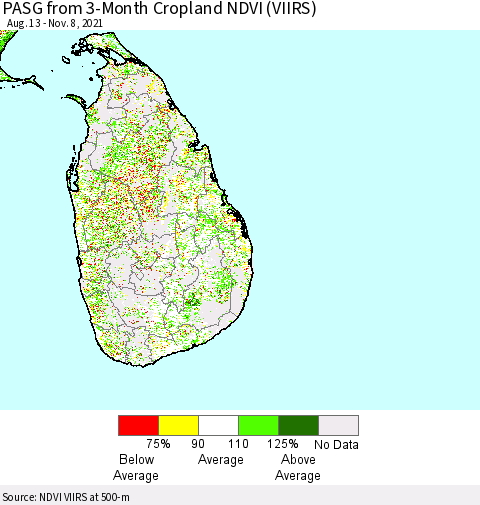 Sri Lanka PASG from 3-Month Cropland NDVI (VIIRS) Thematic Map For 11/1/2021 - 11/8/2021