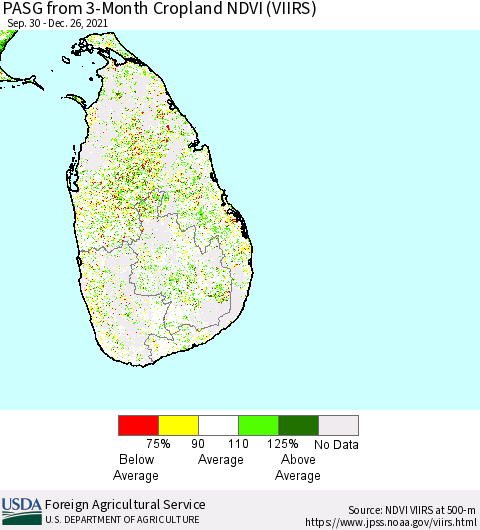 Sri Lanka PASG from 3-Month Cropland NDVI (VIIRS) Thematic Map For 12/21/2021 - 12/31/2021