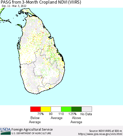Sri Lanka PASG from 3-Month Cropland NDVI (VIIRS) Thematic Map For 3/1/2022 - 3/10/2022