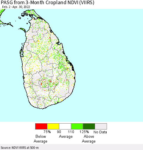 Sri Lanka PASG from 3-Month Cropland NDVI (VIIRS) Thematic Map For 4/21/2022 - 4/30/2022