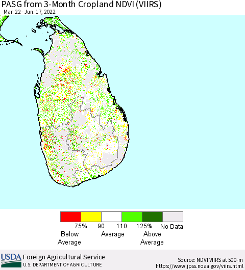 Sri Lanka PASG from 3-Month Cropland NDVI (VIIRS) Thematic Map For 6/11/2022 - 6/20/2022