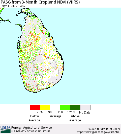Sri Lanka PASG from 3-Month Cropland NDVI (VIIRS) Thematic Map For 7/21/2022 - 7/31/2022