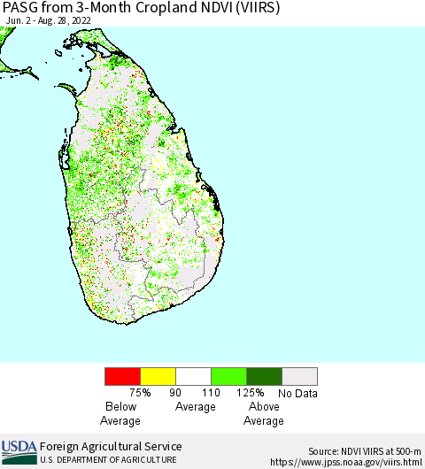 Sri Lanka PASG from 3-Month Cropland NDVI (VIIRS) Thematic Map For 8/21/2022 - 8/31/2022