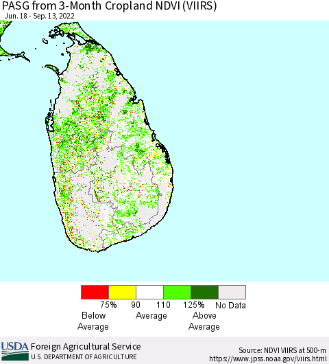 Sri Lanka PASG from 3-Month Cropland NDVI (VIIRS) Thematic Map For 9/11/2022 - 9/20/2022