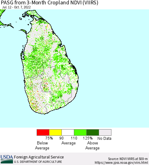 Sri Lanka PASG from 3-Month Cropland NDVI (VIIRS) Thematic Map For 10/1/2022 - 10/10/2022