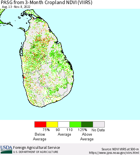 Sri Lanka PASG from 3-Month Cropland NDVI (VIIRS) Thematic Map For 11/1/2022 - 11/10/2022