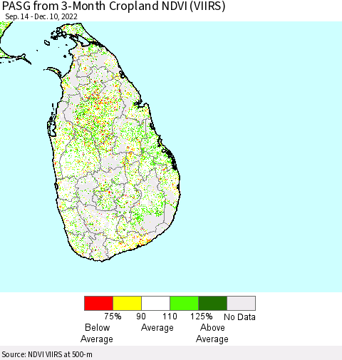 Sri Lanka PASG from 3-Month Cropland NDVI (VIIRS) Thematic Map For 12/1/2022 - 12/10/2022