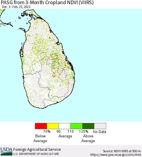 Sri Lanka PASG from 3-Month Cropland NDVI (VIIRS) Thematic Map For 2/21/2023 - 2/28/2023