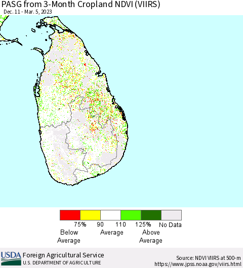 Sri Lanka PASG from 3-Month Cropland NDVI (VIIRS) Thematic Map For 3/1/2023 - 3/10/2023