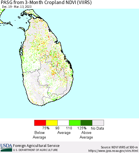 Sri Lanka PASG from 3-Month Cropland NDVI (VIIRS) Thematic Map For 3/11/2023 - 3/20/2023