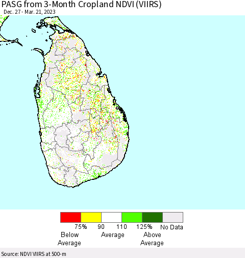 Sri Lanka PASG from 3-Month Cropland NDVI (VIIRS) Thematic Map For 3/14/2023 - 3/21/2023
