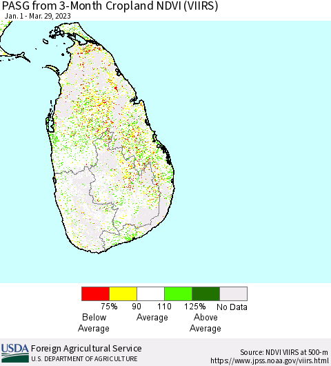 Sri Lanka PASG from 3-Month Cropland NDVI (VIIRS) Thematic Map For 3/21/2023 - 3/31/2023