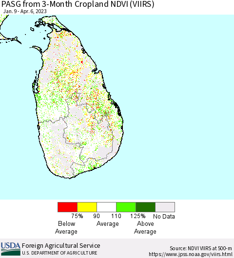 Sri Lanka PASG from 3-Month Cropland NDVI (VIIRS) Thematic Map For 4/1/2023 - 4/10/2023