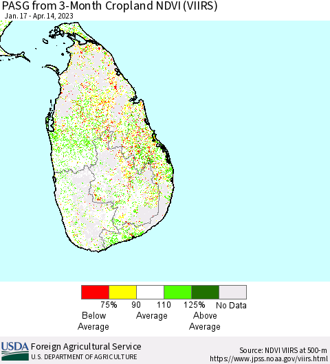 Sri Lanka PASG from 3-Month Cropland NDVI (VIIRS) Thematic Map For 4/11/2023 - 4/20/2023