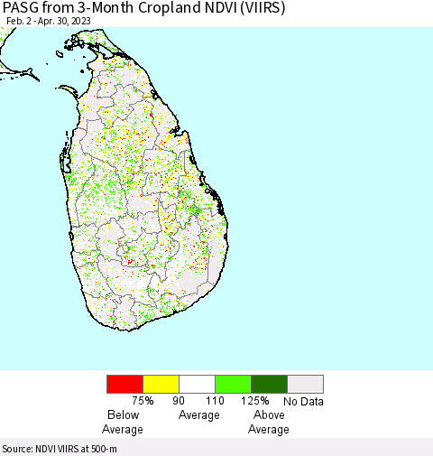 Sri Lanka PASG from 3-Month Cropland NDVI (VIIRS) Thematic Map For 4/21/2023 - 4/30/2023