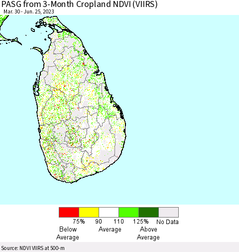 Sri Lanka PASG from 3-Month Cropland NDVI (VIIRS) Thematic Map For 6/18/2023 - 6/25/2023
