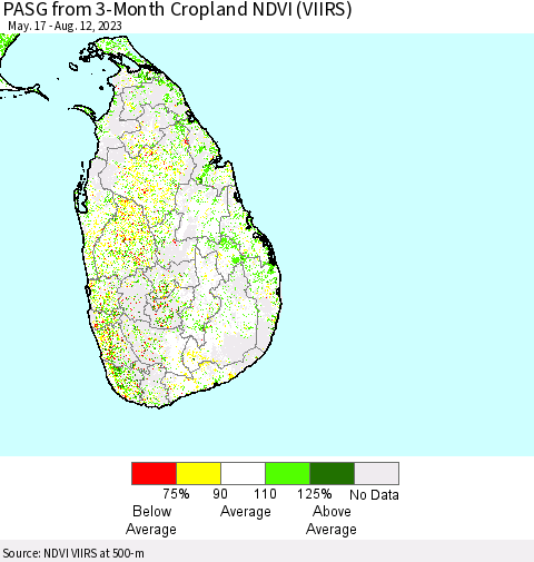 Sri Lanka PASG from 3-Month Cropland NDVI (VIIRS) Thematic Map For 8/5/2023 - 8/12/2023