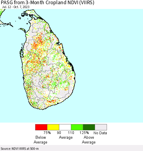Sri Lanka PASG from 3-Month Cropland NDVI (VIIRS) Thematic Map For 9/30/2023 - 10/7/2023