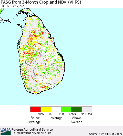 Sri Lanka PASG from 3-Month Cropland NDVI (VIIRS) Thematic Map For 10/1/2023 - 10/10/2023