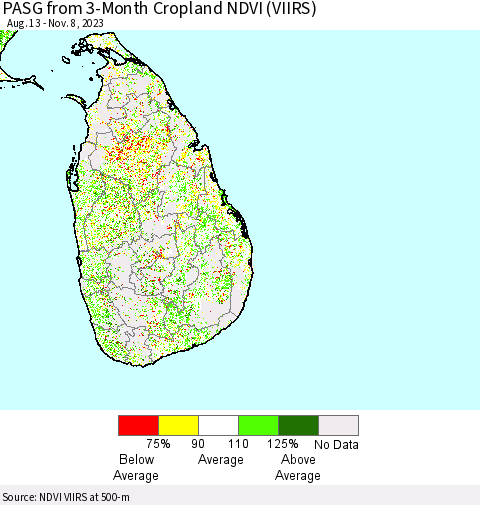 Sri Lanka PASG from 3-Month Cropland NDVI (VIIRS) Thematic Map For 11/1/2023 - 11/8/2023