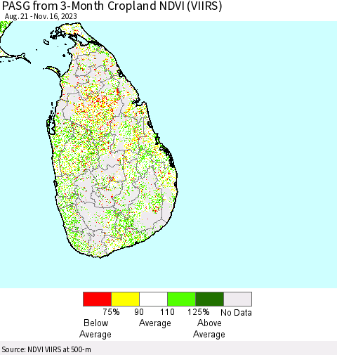 Sri Lanka PASG from 3-Month Cropland NDVI (VIIRS) Thematic Map For 11/9/2023 - 11/16/2023