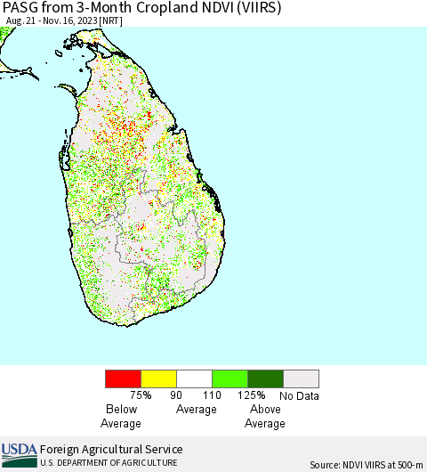 Sri Lanka PASG from 3-Month Cropland NDVI (VIIRS) Thematic Map For 11/11/2023 - 11/20/2023