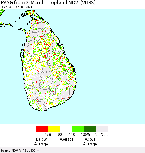 Sri Lanka PASG from 3-Month Cropland NDVI (VIIRS) Thematic Map For 1/9/2024 - 1/16/2024