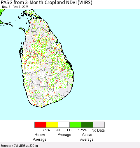 Sri Lanka PASG from 3-Month Cropland NDVI (VIIRS) Thematic Map For 1/25/2025 - 2/1/2025