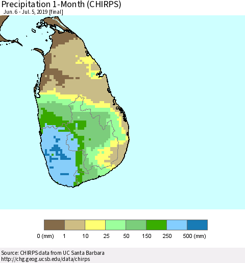 Sri Lanka Precipitation 1-Month (CHIRPS) Thematic Map For 6/6/2019 - 7/5/2019