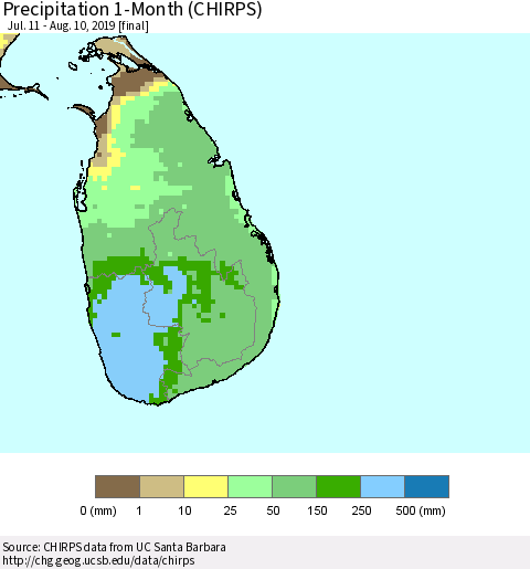 Sri Lanka Precipitation 1-Month (CHIRPS) Thematic Map For 7/11/2019 - 8/10/2019