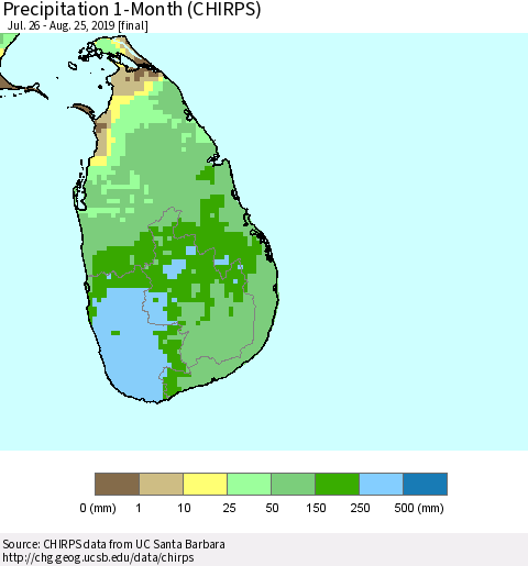 Sri Lanka Precipitation 1-Month (CHIRPS) Thematic Map For 7/26/2019 - 8/25/2019