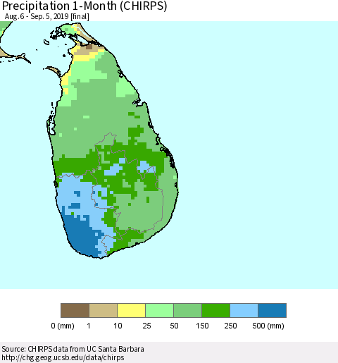 Sri Lanka Precipitation 1-Month (CHIRPS) Thematic Map For 8/6/2019 - 9/5/2019
