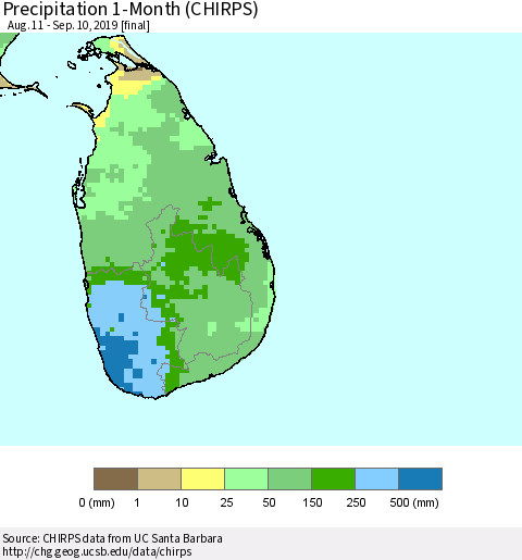 Sri Lanka Precipitation 1-Month (CHIRPS) Thematic Map For 8/11/2019 - 9/10/2019