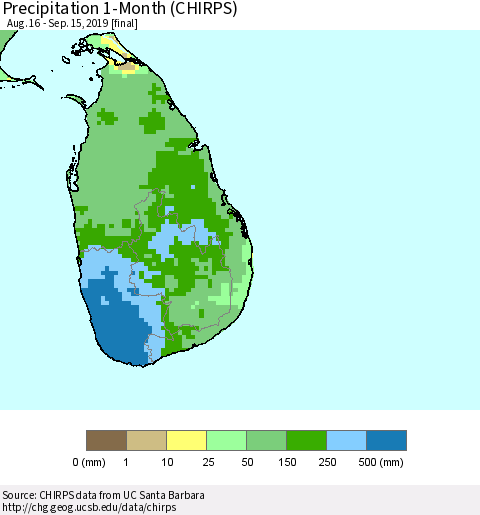 Sri Lanka Precipitation 1-Month (CHIRPS) Thematic Map For 8/16/2019 - 9/15/2019