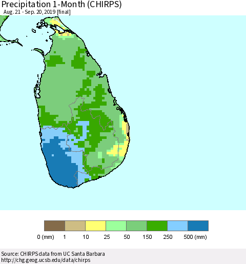 Sri Lanka Precipitation 1-Month (CHIRPS) Thematic Map For 8/21/2019 - 9/20/2019