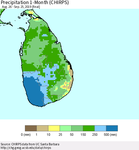 Sri Lanka Precipitation 1-Month (CHIRPS) Thematic Map For 8/26/2019 - 9/25/2019