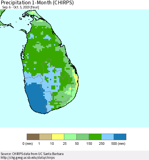 Sri Lanka Precipitation 1-Month (CHIRPS) Thematic Map For 9/6/2019 - 10/5/2019