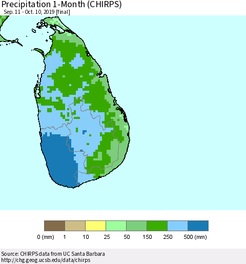 Sri Lanka Precipitation 1-Month (CHIRPS) Thematic Map For 9/11/2019 - 10/10/2019
