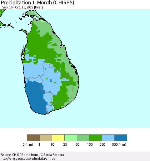 Sri Lanka Precipitation 1-Month (CHIRPS) Thematic Map For 9/16/2019 - 10/15/2019