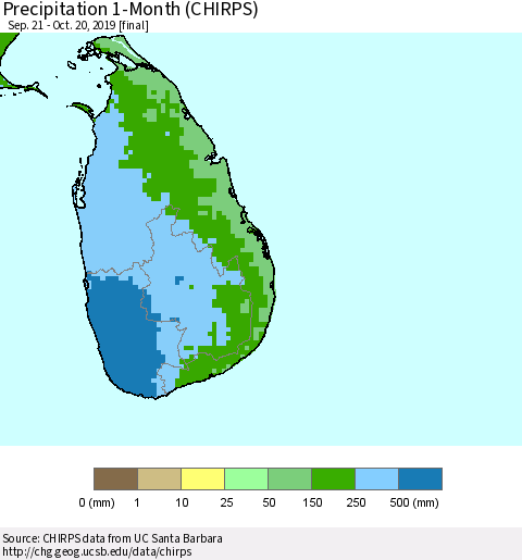 Sri Lanka Precipitation 1-Month (CHIRPS) Thematic Map For 9/21/2019 - 10/20/2019