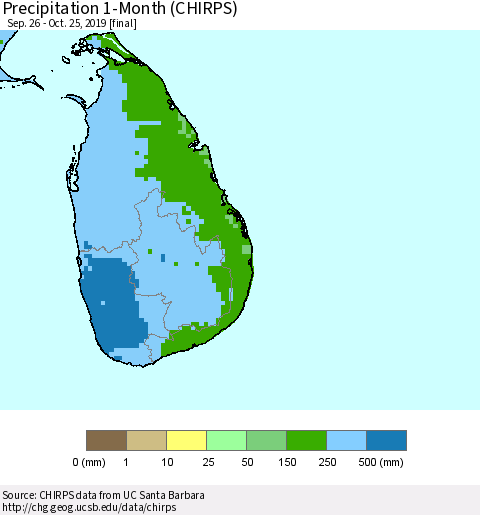 Sri Lanka Precipitation 1-Month (CHIRPS) Thematic Map For 9/26/2019 - 10/25/2019