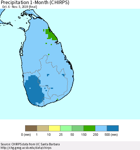 Sri Lanka Precipitation 1-Month (CHIRPS) Thematic Map For 10/6/2019 - 11/5/2019