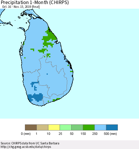 Sri Lanka Precipitation 1-Month (CHIRPS) Thematic Map For 10/16/2019 - 11/15/2019