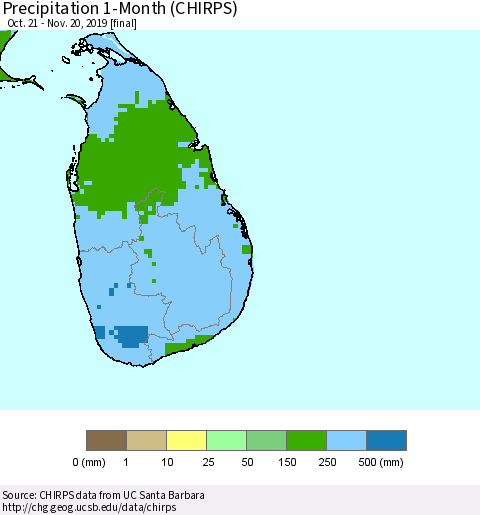Sri Lanka Precipitation 1-Month (CHIRPS) Thematic Map For 10/21/2019 - 11/20/2019