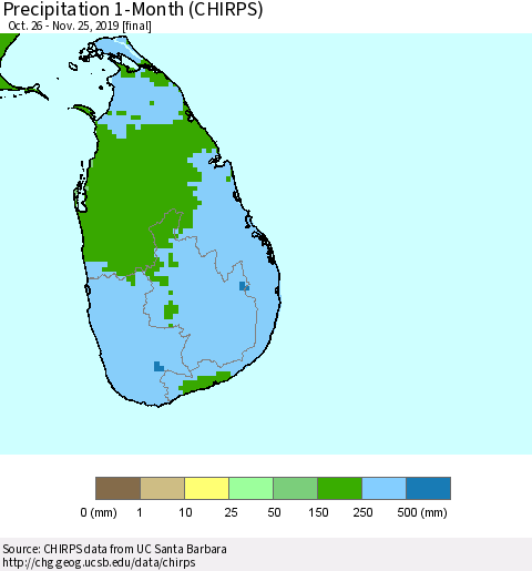 Sri Lanka Precipitation 1-Month (CHIRPS) Thematic Map For 10/26/2019 - 11/25/2019