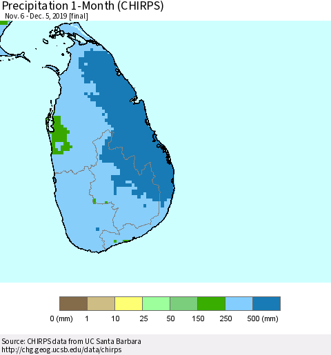 Sri Lanka Precipitation 1-Month (CHIRPS) Thematic Map For 11/6/2019 - 12/5/2019