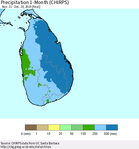 Sri Lanka Precipitation 1-Month (CHIRPS) Thematic Map For 11/21/2019 - 12/20/2019