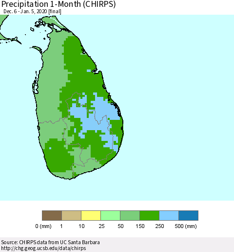 Sri Lanka Precipitation 1-Month (CHIRPS) Thematic Map For 12/6/2019 - 1/5/2020