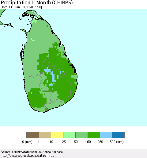 Sri Lanka Precipitation 1-Month (CHIRPS) Thematic Map For 12/11/2019 - 1/10/2020